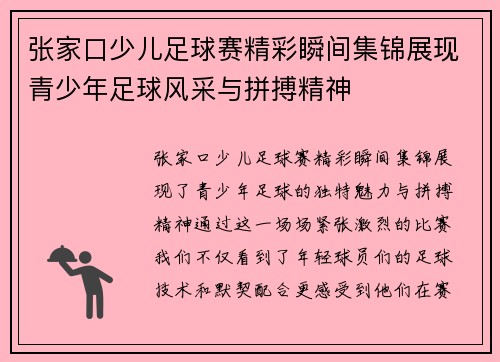 张家口少儿足球赛精彩瞬间集锦展现青少年足球风采与拼搏精神